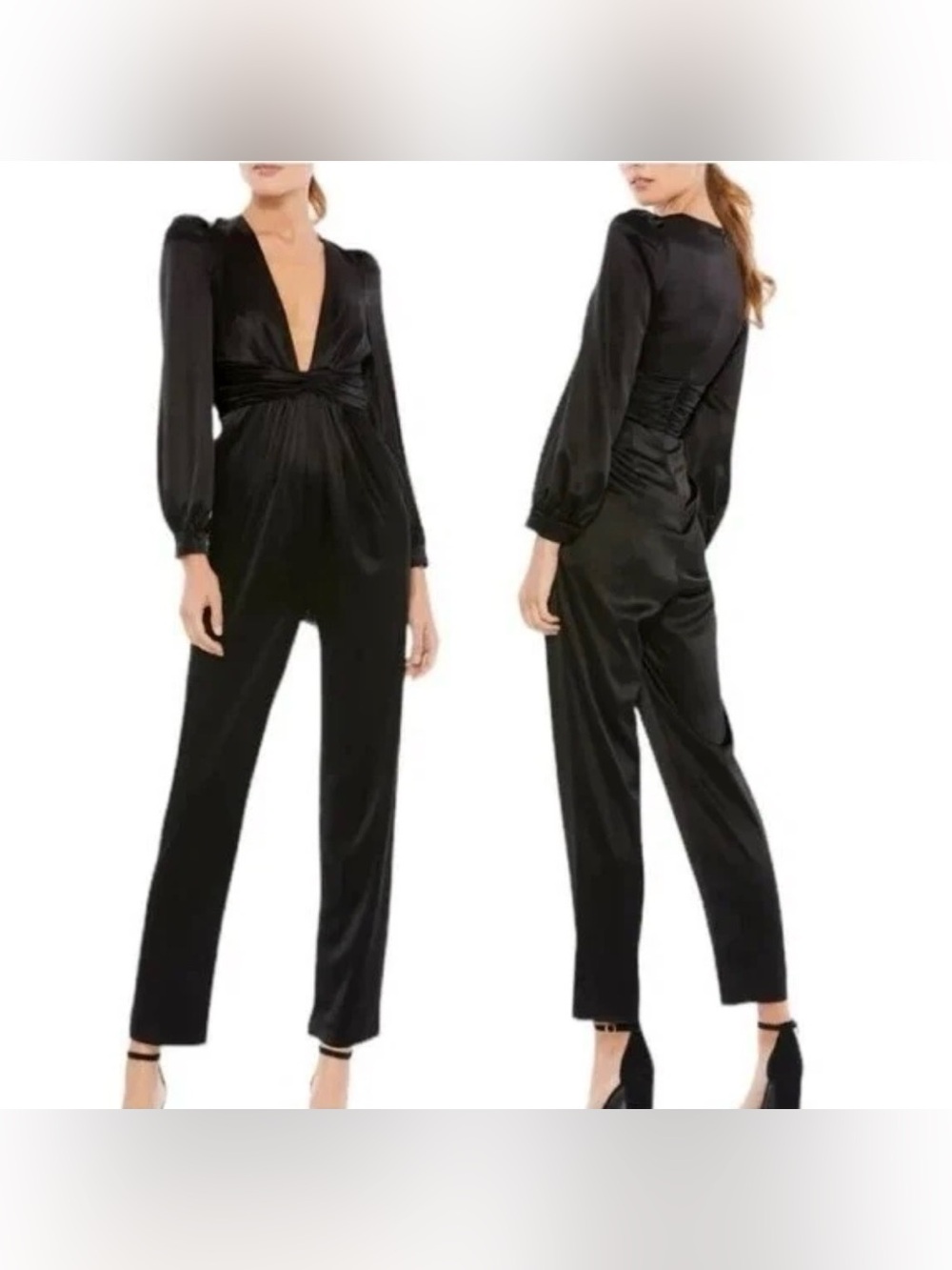 Ieena for Mac Duggal Jumpsuit Front Twist Puff Sleeve Deed V Black US 8. NWT.